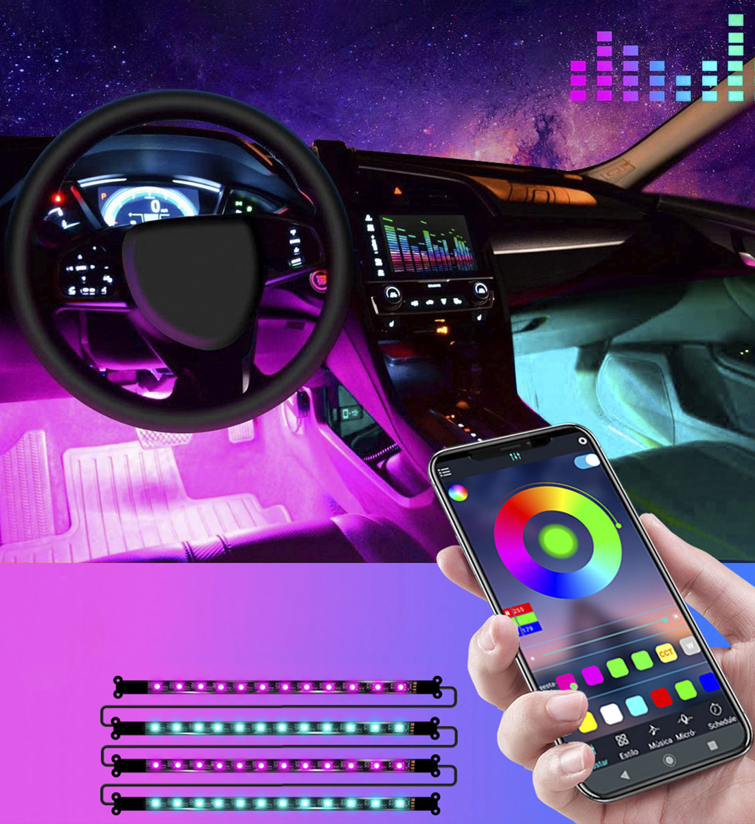 Auto Led Streifen Auto Interieur Led 4pcs 48 LEDS Multicolor RGB Auto Musik  Schlagen LED Lichtleiste, Ambiente